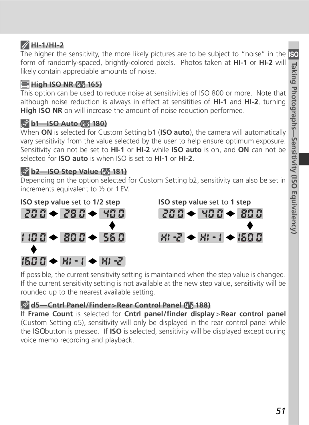 Nikon D2Hs manual HI-1/HI-2, High ISO NR, B1-ISO Auto, B2-ISO Step Value, ISO step value set to 1/2 step 