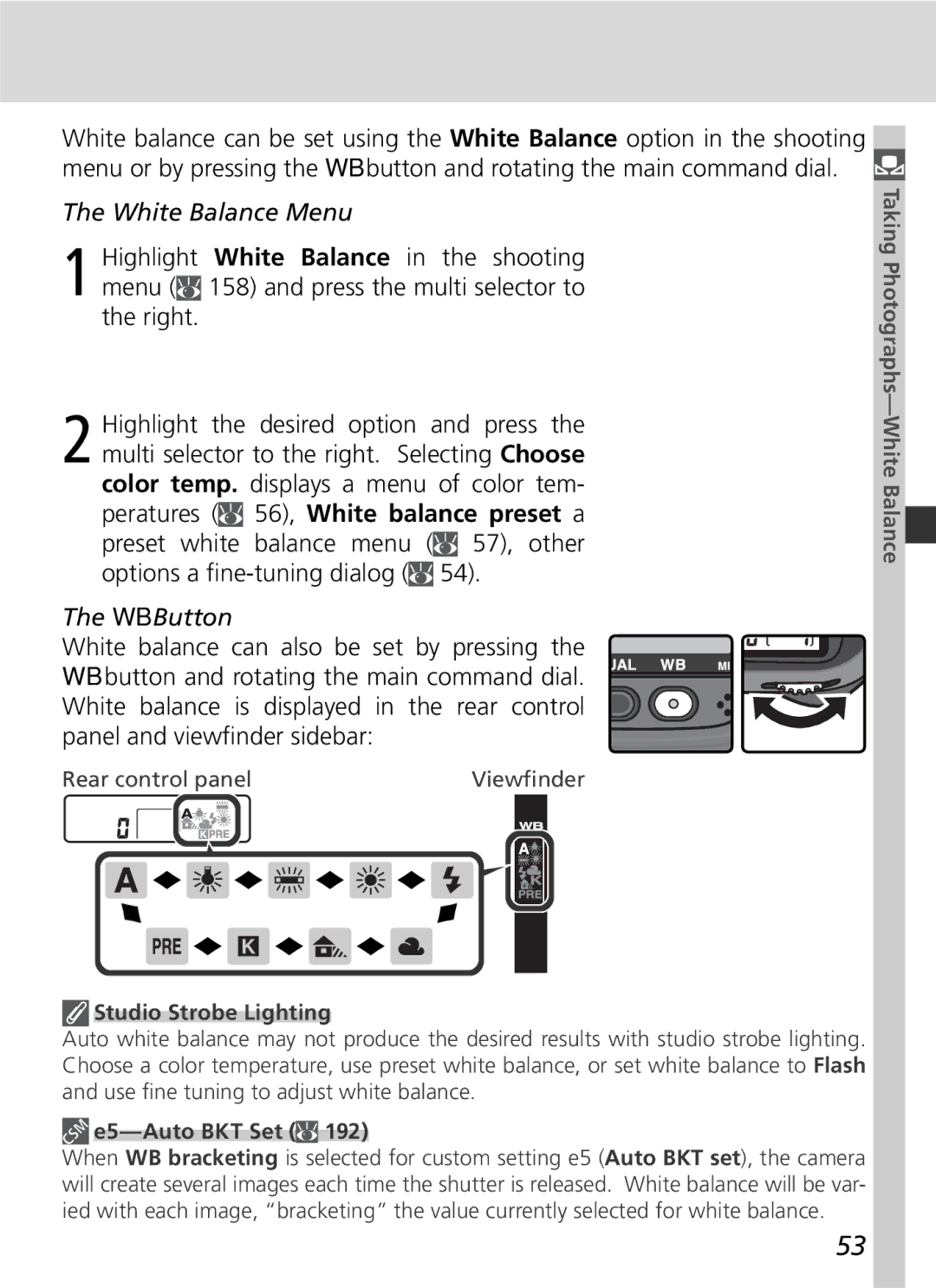 Nikon D2Hs manual White Balance Menu, WB Button, Studio Strobe Lighting, E5-Auto BKT Set 