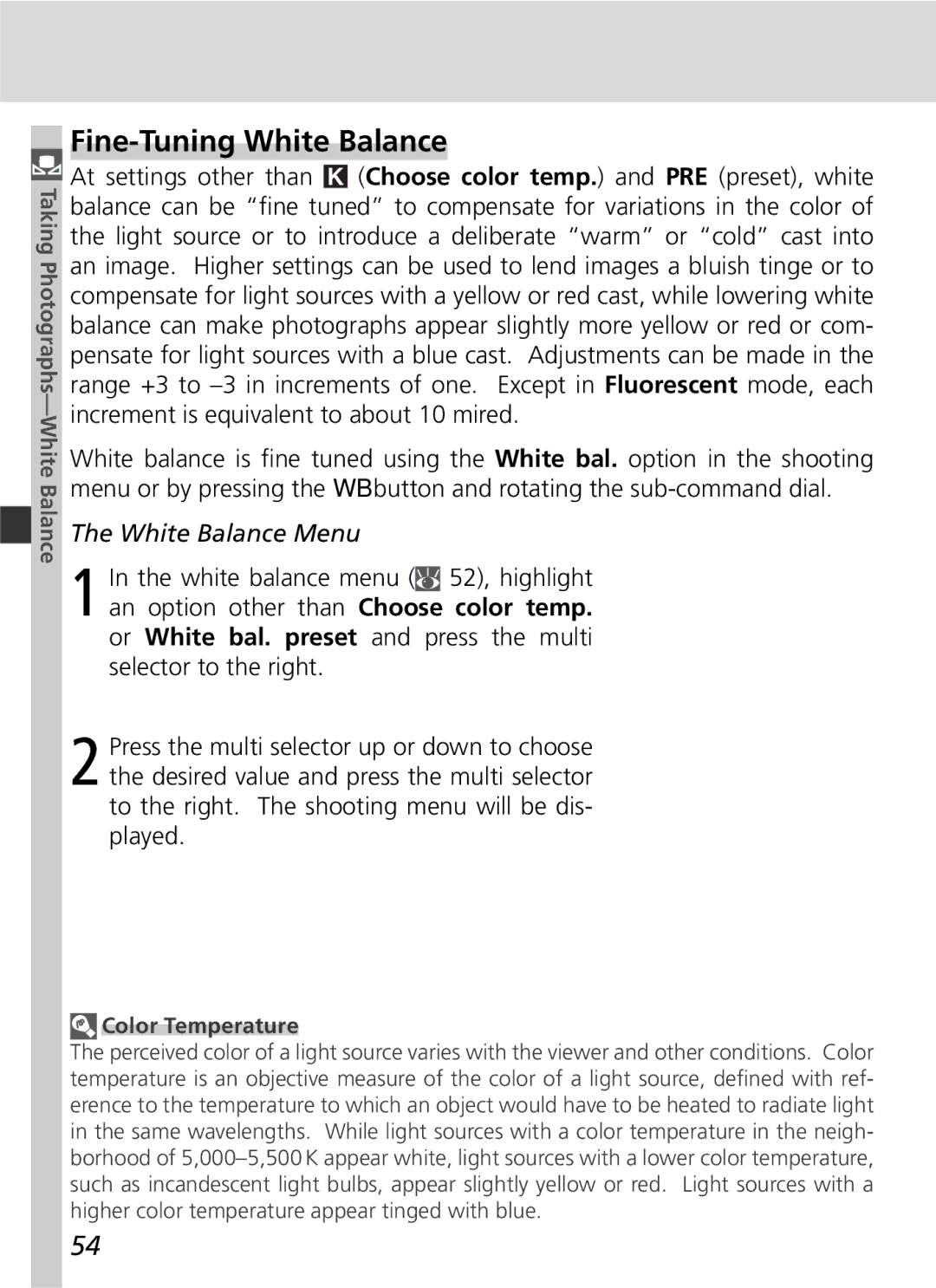 Nikon D2Hs manual Fine-Tuning White Balance, Color Temperature 