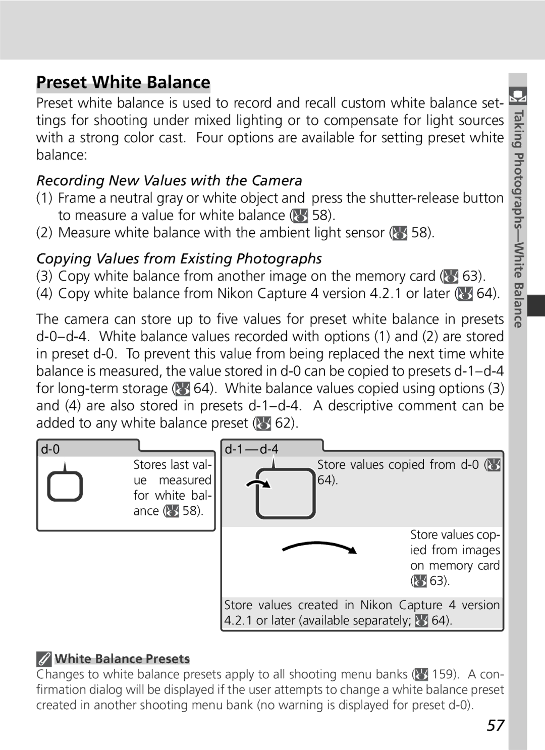 Nikon D2Hs manual Preset White Balance, Recording New Values with the Camera, Copying Values from Existing Photographs 