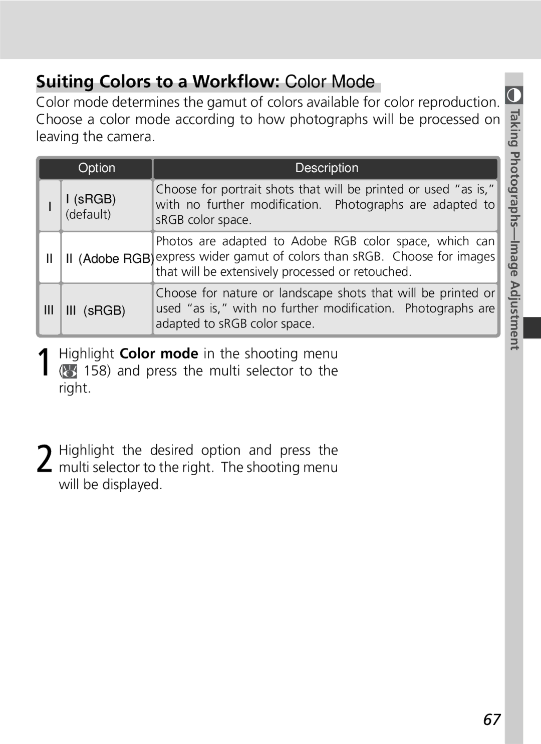 Nikon D2Hs manual Suiting Colors to a Workﬂow Color Mode, Option, Srgb, III III sRGB 