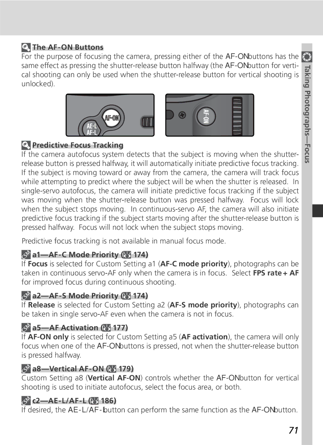 Nikon D2Hs manual AF-ON Buttons, Predictive Focus Tracking, A1-AF-C Mode Priority, A2-AF-S Mode Priority, A5-AF Activation 