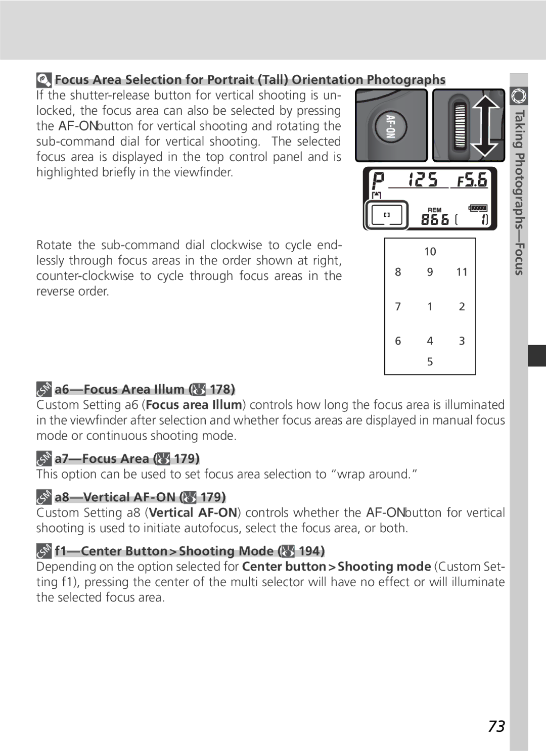 Nikon D2Hs manual A6-Focus Area Illum, A7-Focus Area, F1-Center Button Shooting Mode 