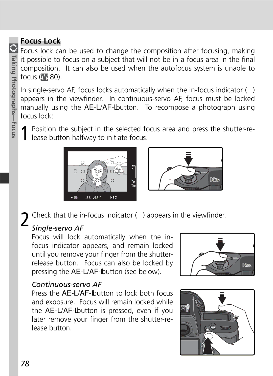 Nikon D2Hs manual Focus Lock, Continuous-servo AF 