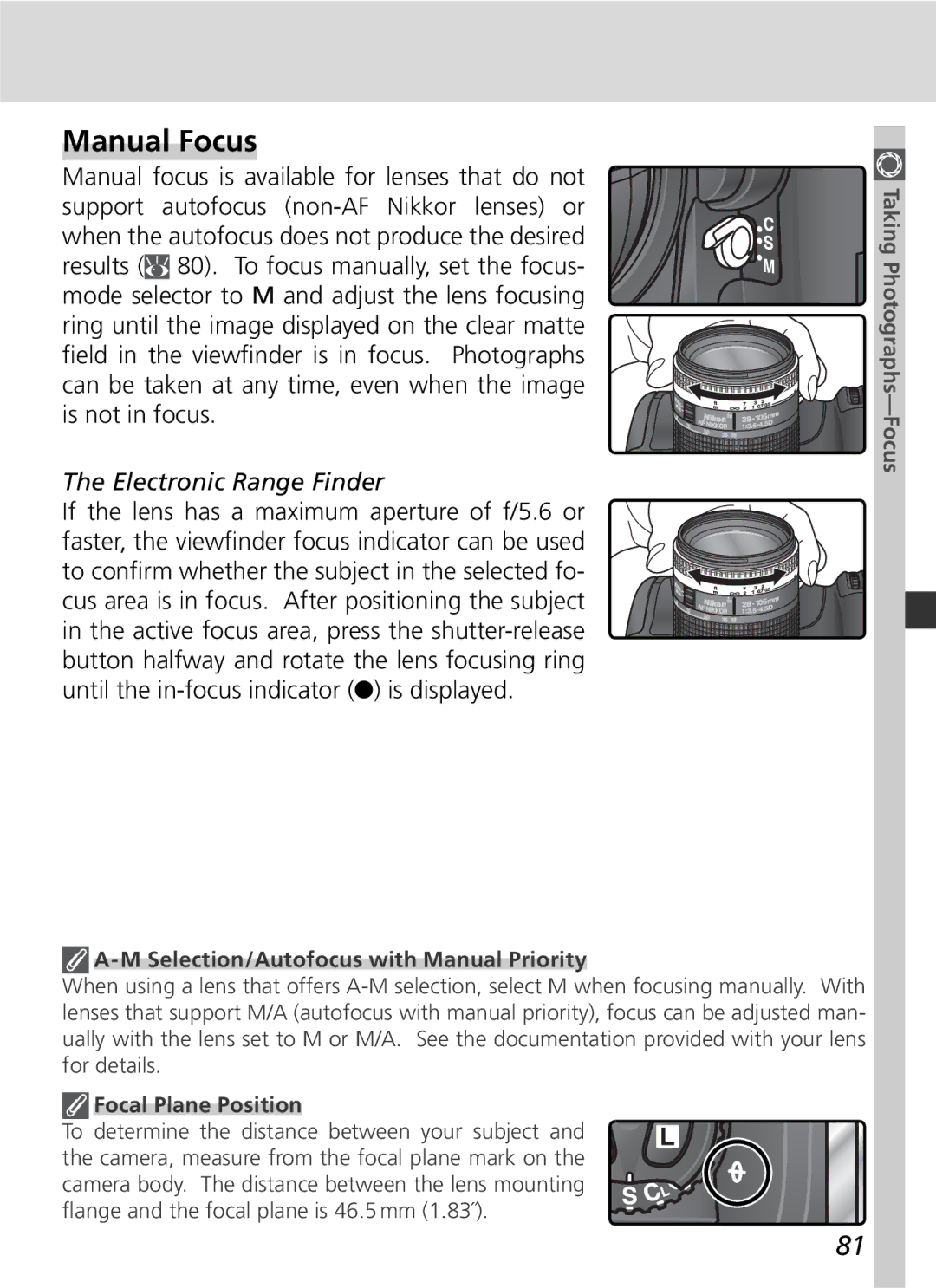 Nikon D2Hs manual Manual Focus, Electronic Range Finder, Selection/Autofocus with Manual Priority, Focal Plane Position 