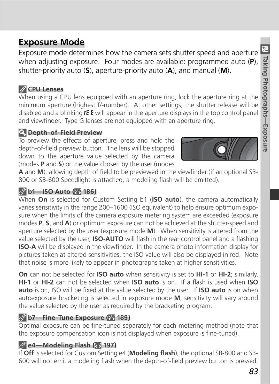 Nikon D2Hs manual Exposure Mode, CPU Lenses, Depth-of-Field Preview, B7-Fine-Tune Exposure, E4-Modeling Flash 