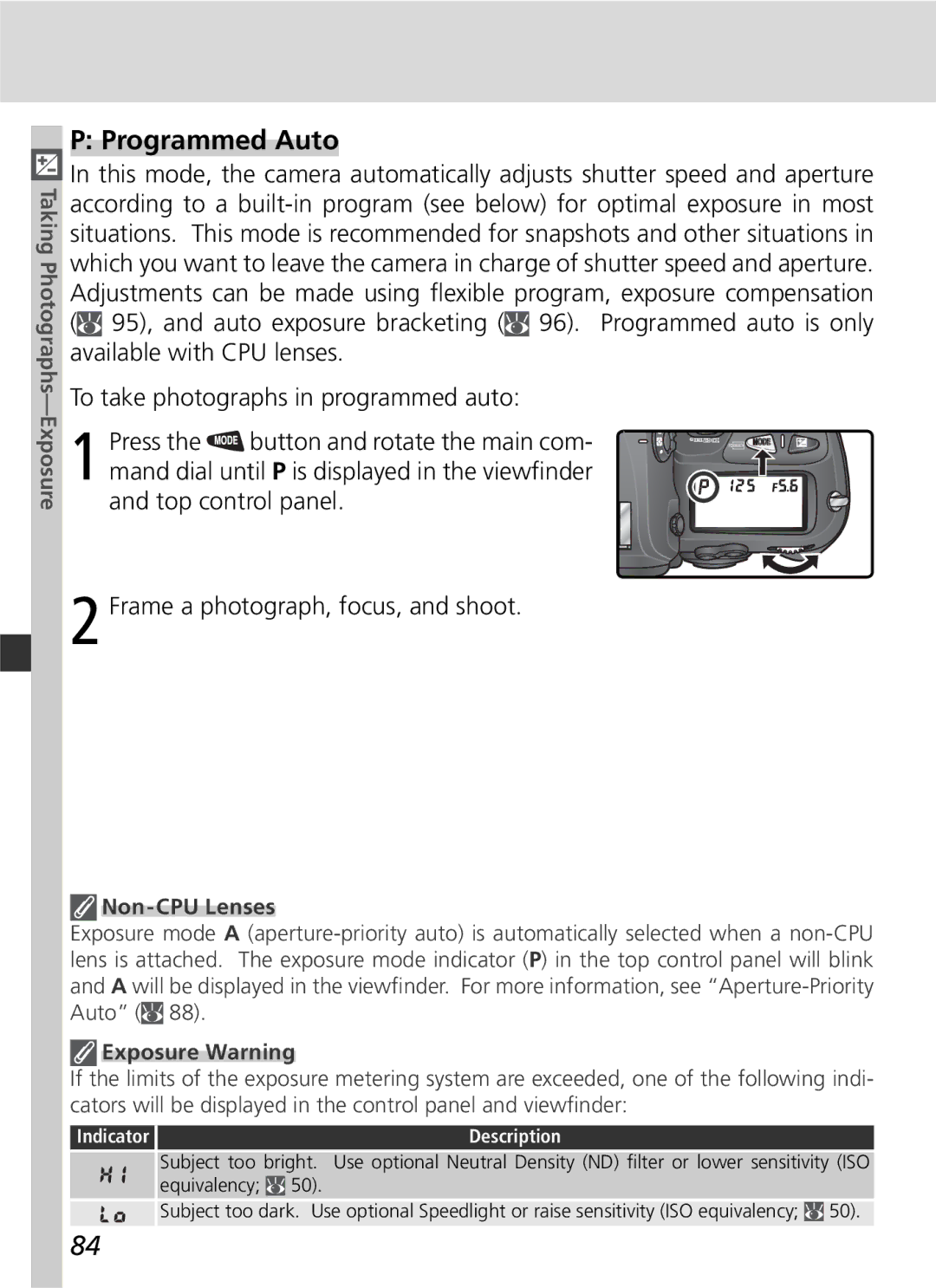 Nikon D2Hs manual Programmed Auto, Non-CPU Lenses, Exposure Warning 