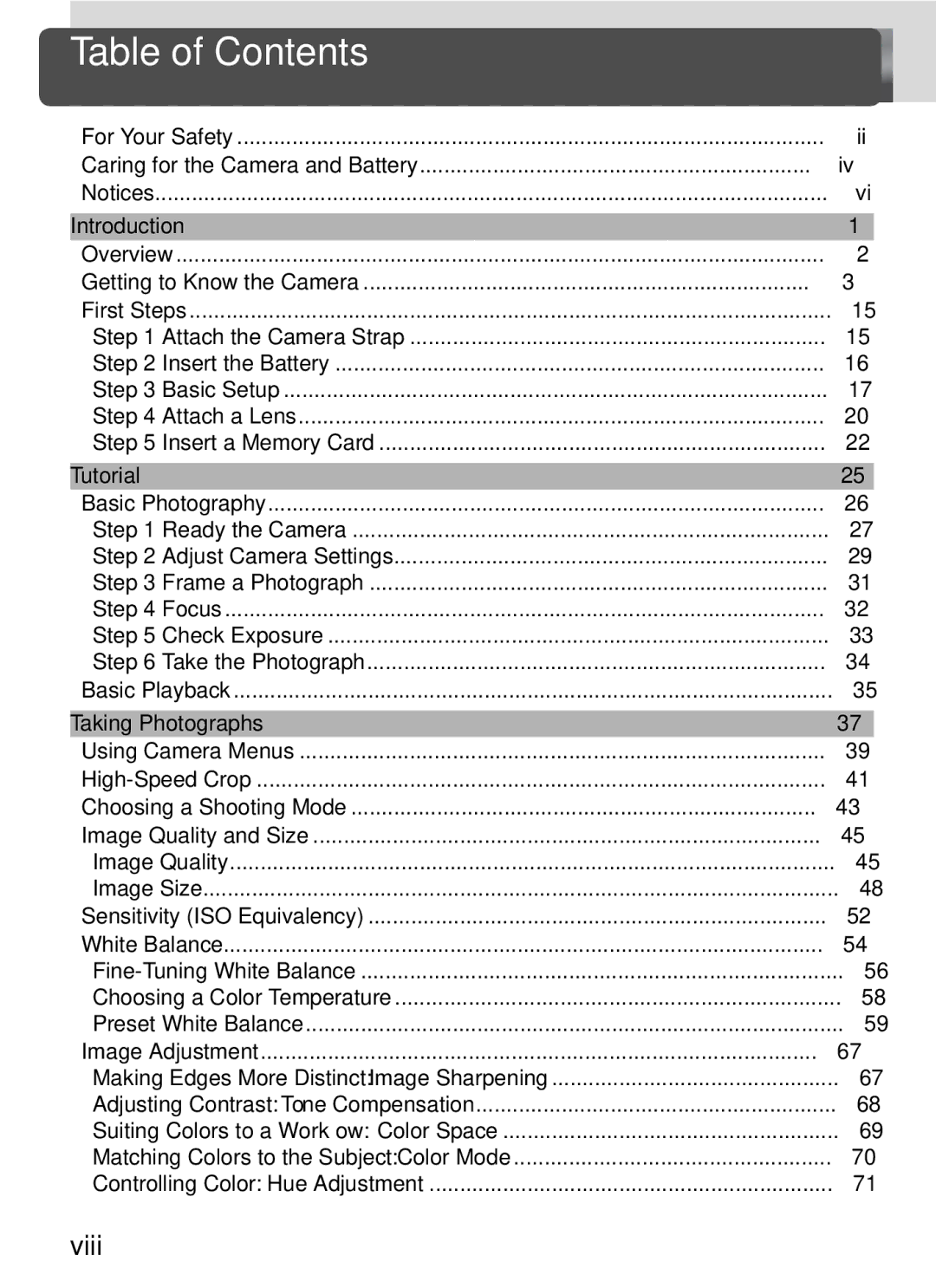 Nikon D2x manual Table of Contents 