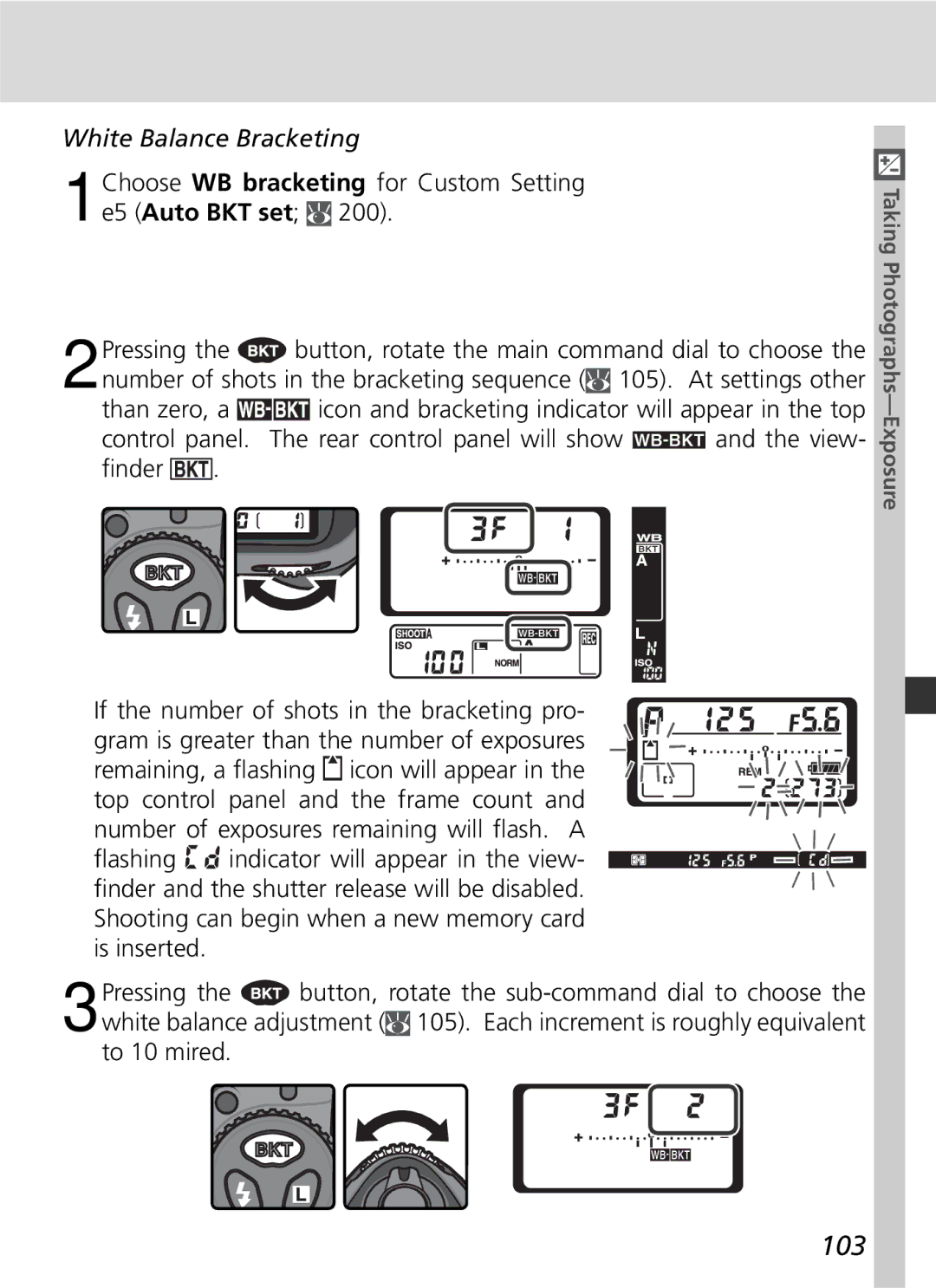 Nikon D2x manual 103, White Balance Bracketing, Choose WB bracketing for Custom Setting e5 Auto BKT set 