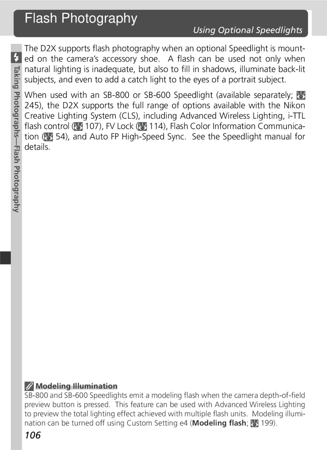 Nikon D2x manual Flash Photography, 106, Using Optional Speedlights, Modeling Illumination 