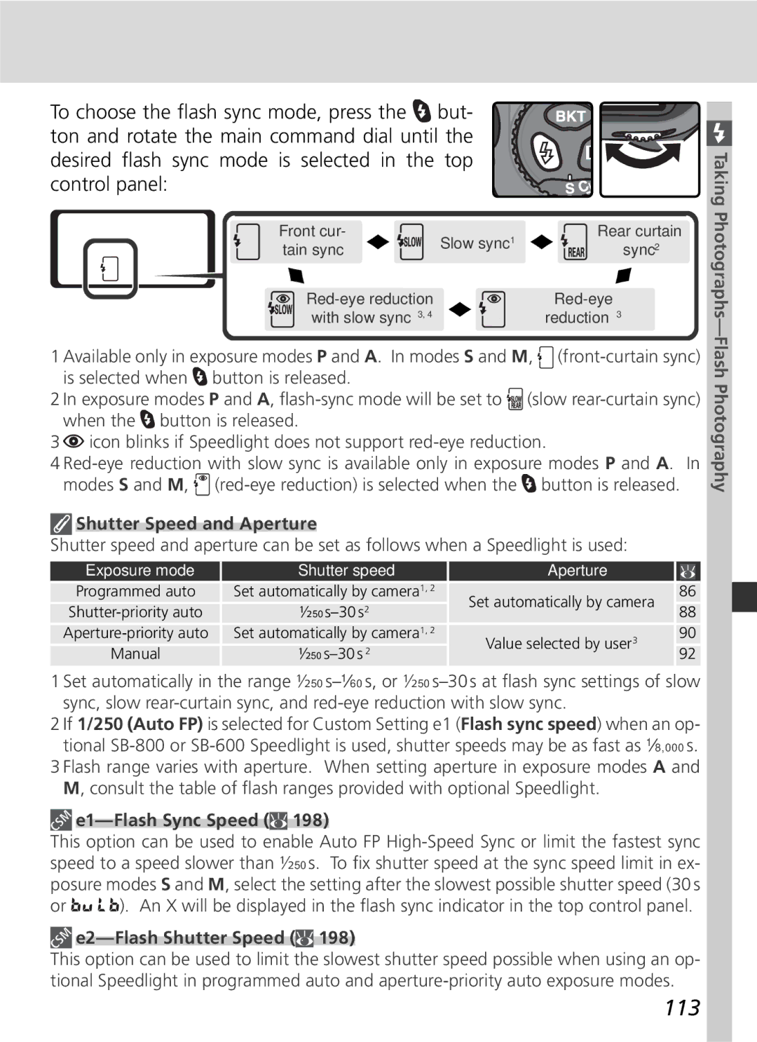 Nikon D2x manual 113, Shutter Speed and Aperture, E1-Flash Sync Speed, E2-Flash Shutter Speed 