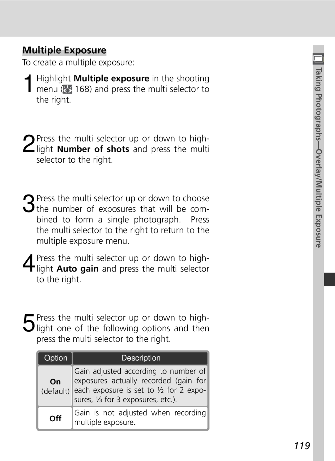 Nikon D2x manual Multiple Exposure, 119, To create a multiple exposure, OptionDescription, Off 