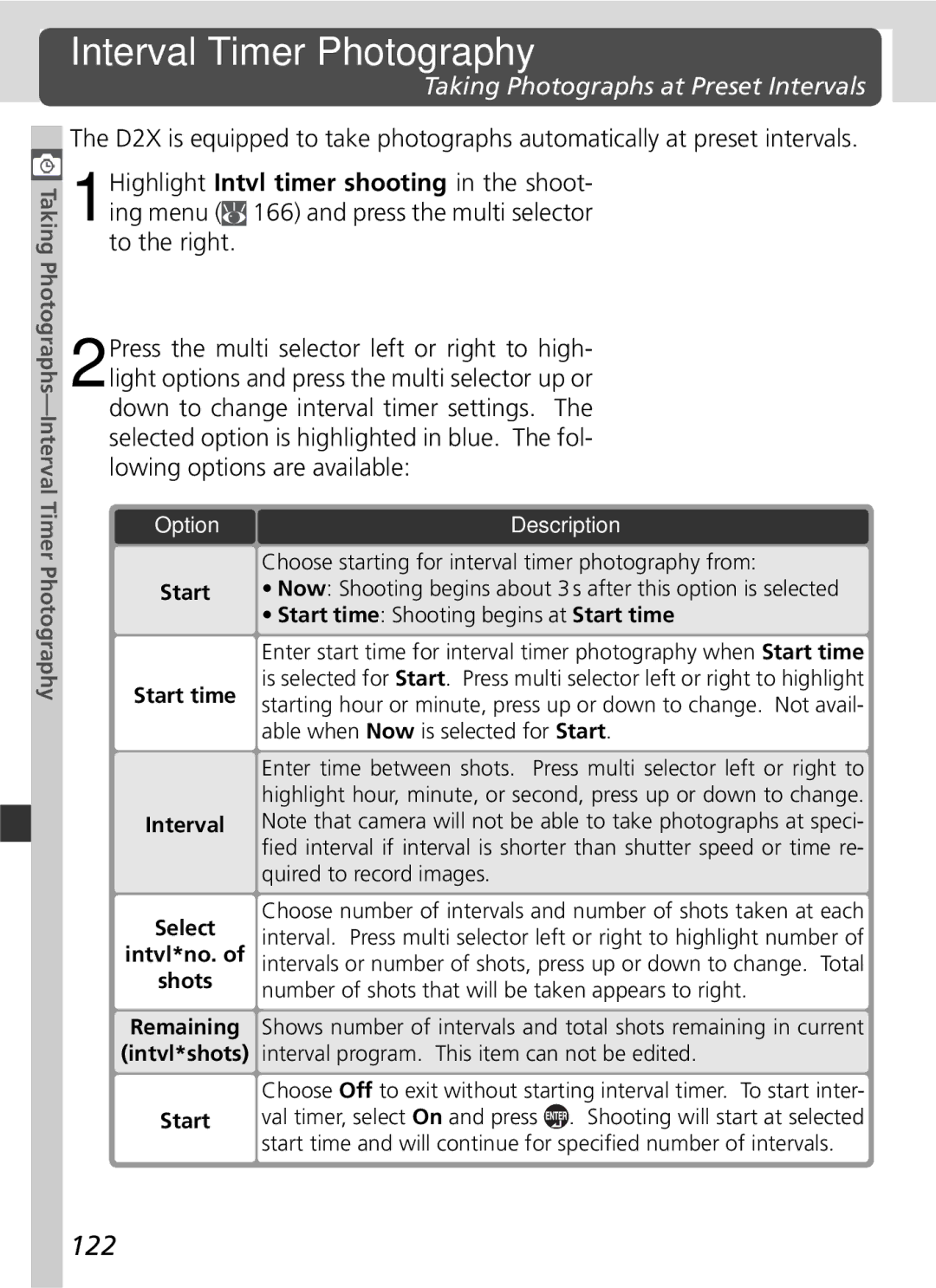 Nikon D2x manual Interval Timer Photography, 122, Taking Photographs at Preset Intervals 