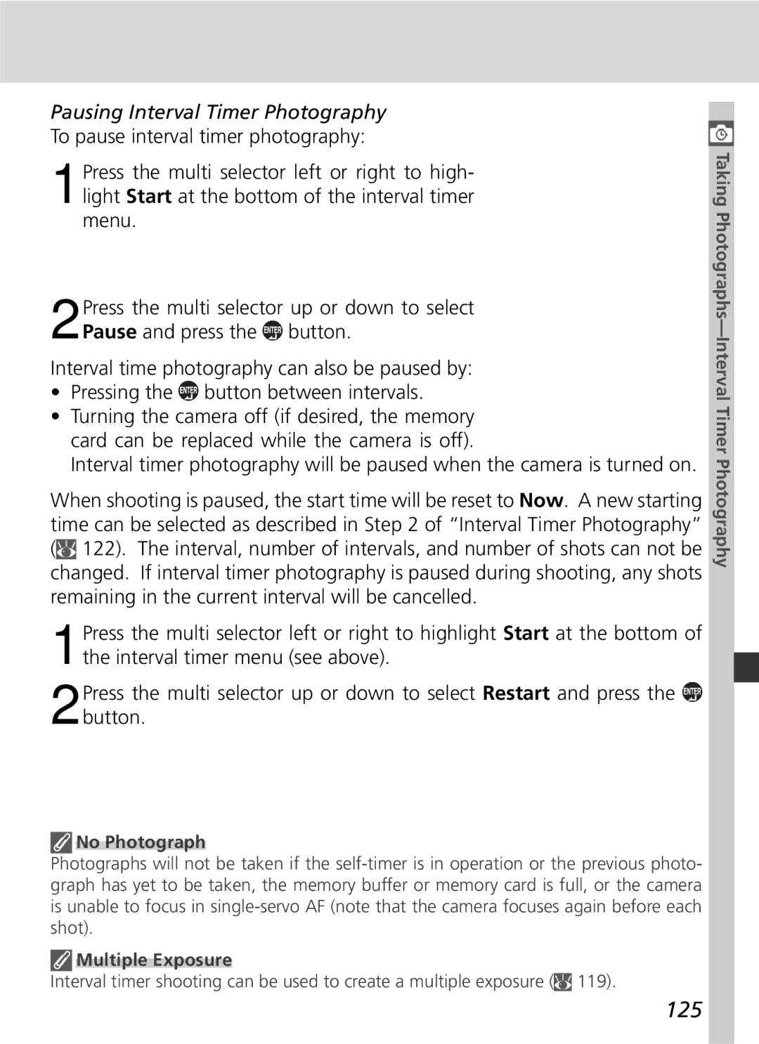 Nikon D2x manual 125, Pausing Interval Timer Photography, No Photograph, Multiple Exposure 