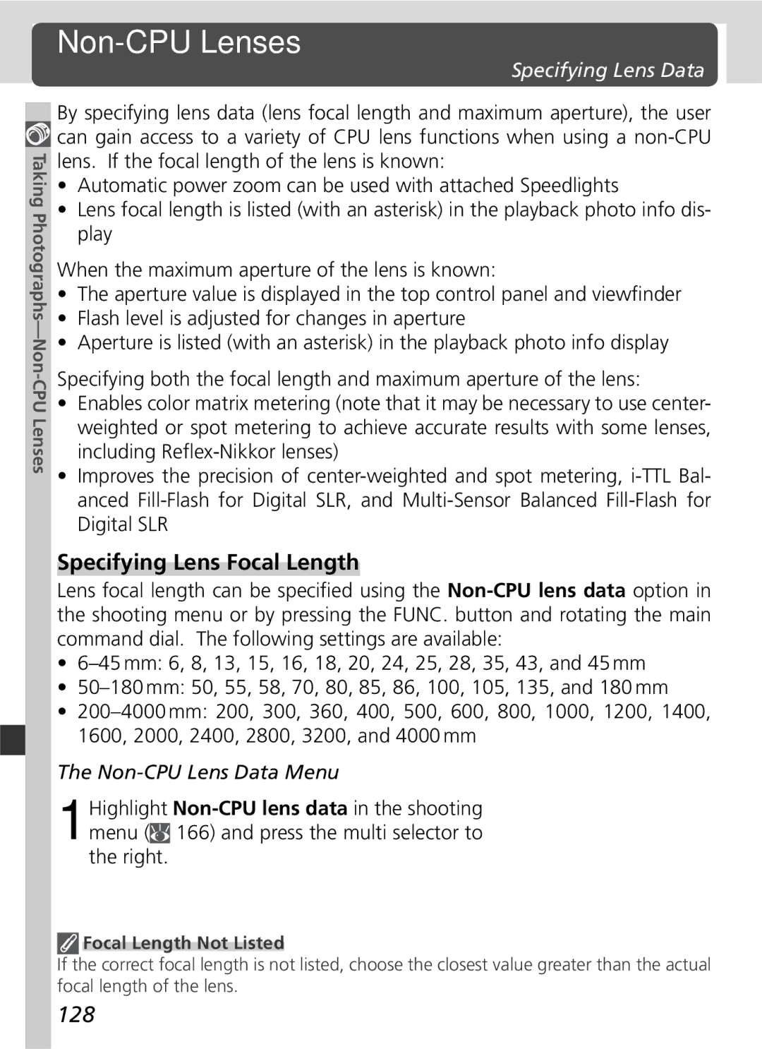 Nikon D2x manual Non-CPU Lenses, Specifying Lens Focal Length, 128, Specifying Lens Data, Non-CPU Lens Data Menu 