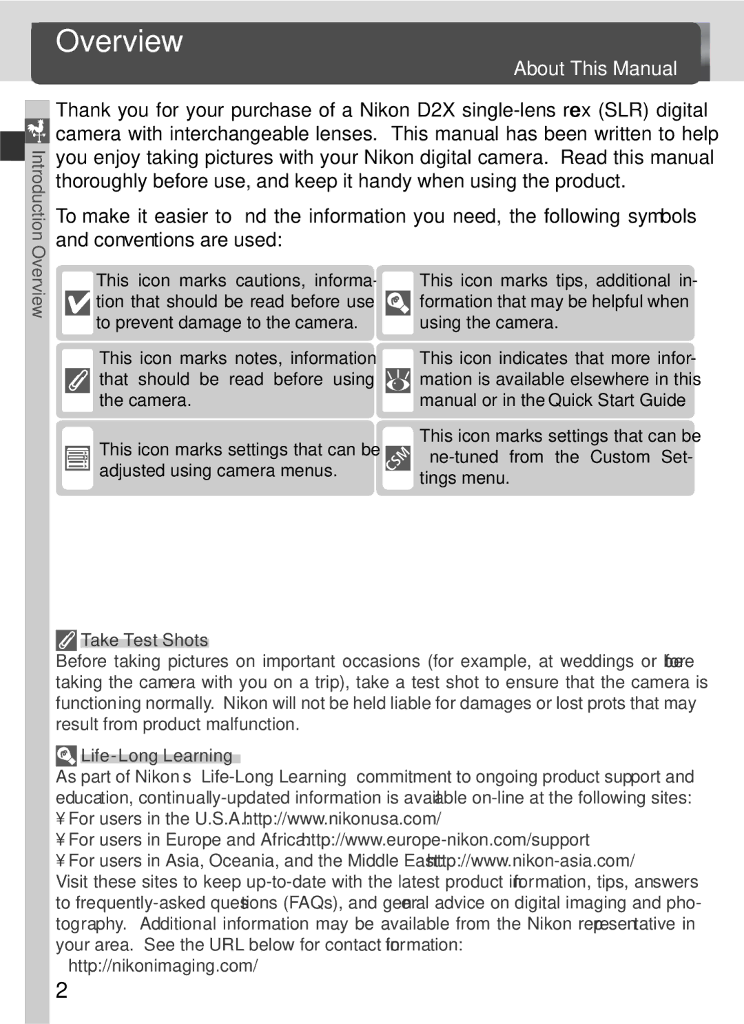 Nikon D2x manual Overview, About This Manual, Take Test Shots, Life-Long Learning 