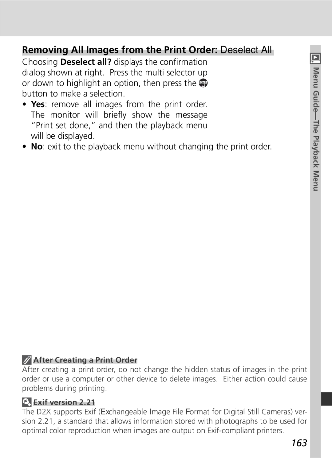 Nikon D2x manual Removing All Images from the Print Order Deselect All, 163, After Creating a Print Order, Exif version 