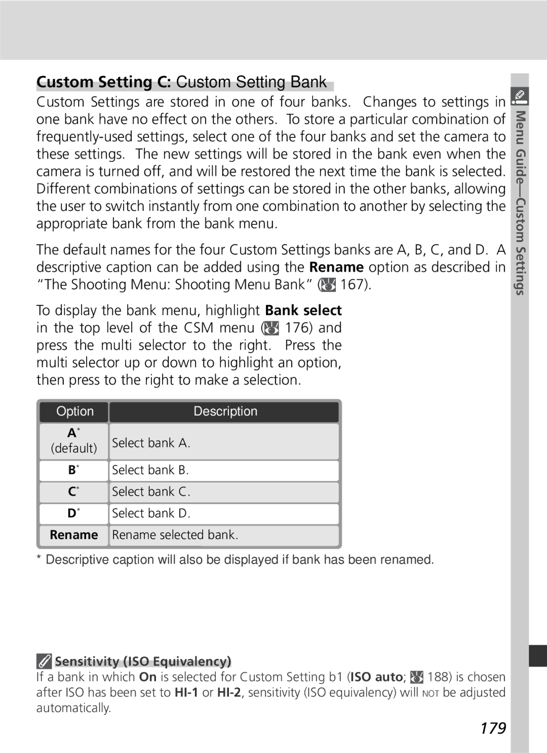 Nikon D2x manual Custom Setting C Custom Setting Bank, 179 