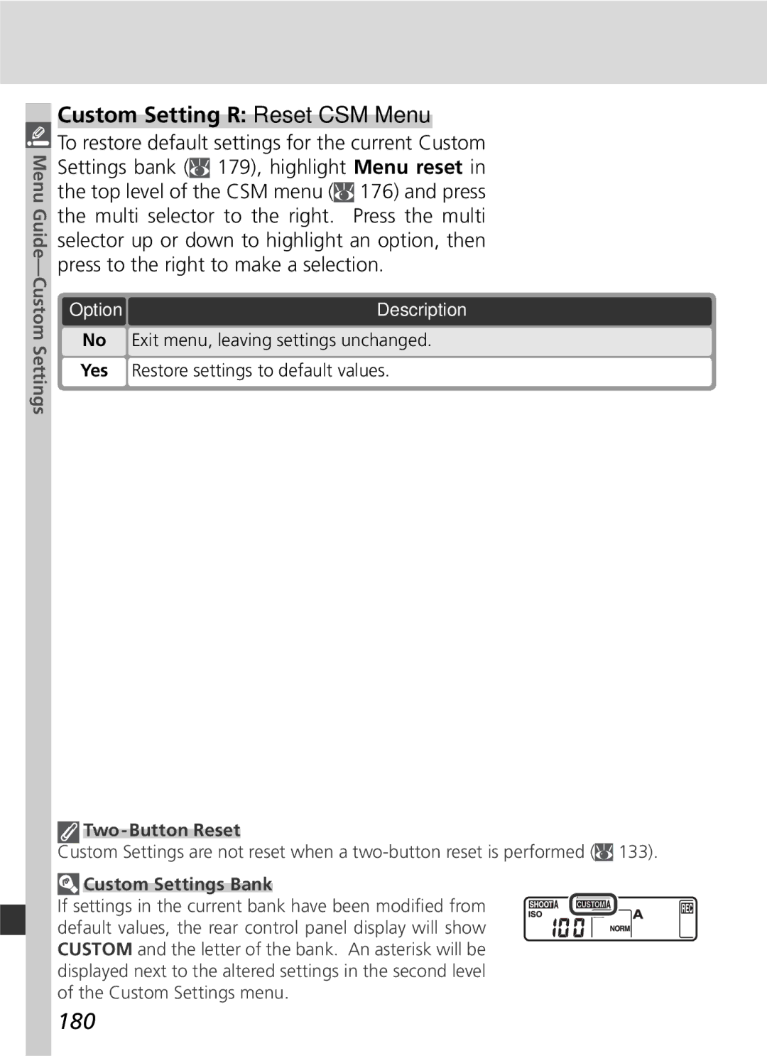 Nikon D2x manual Custom Setting R Reset CSM Menu, 180, Two-Button Reset, Custom Settings Bank 