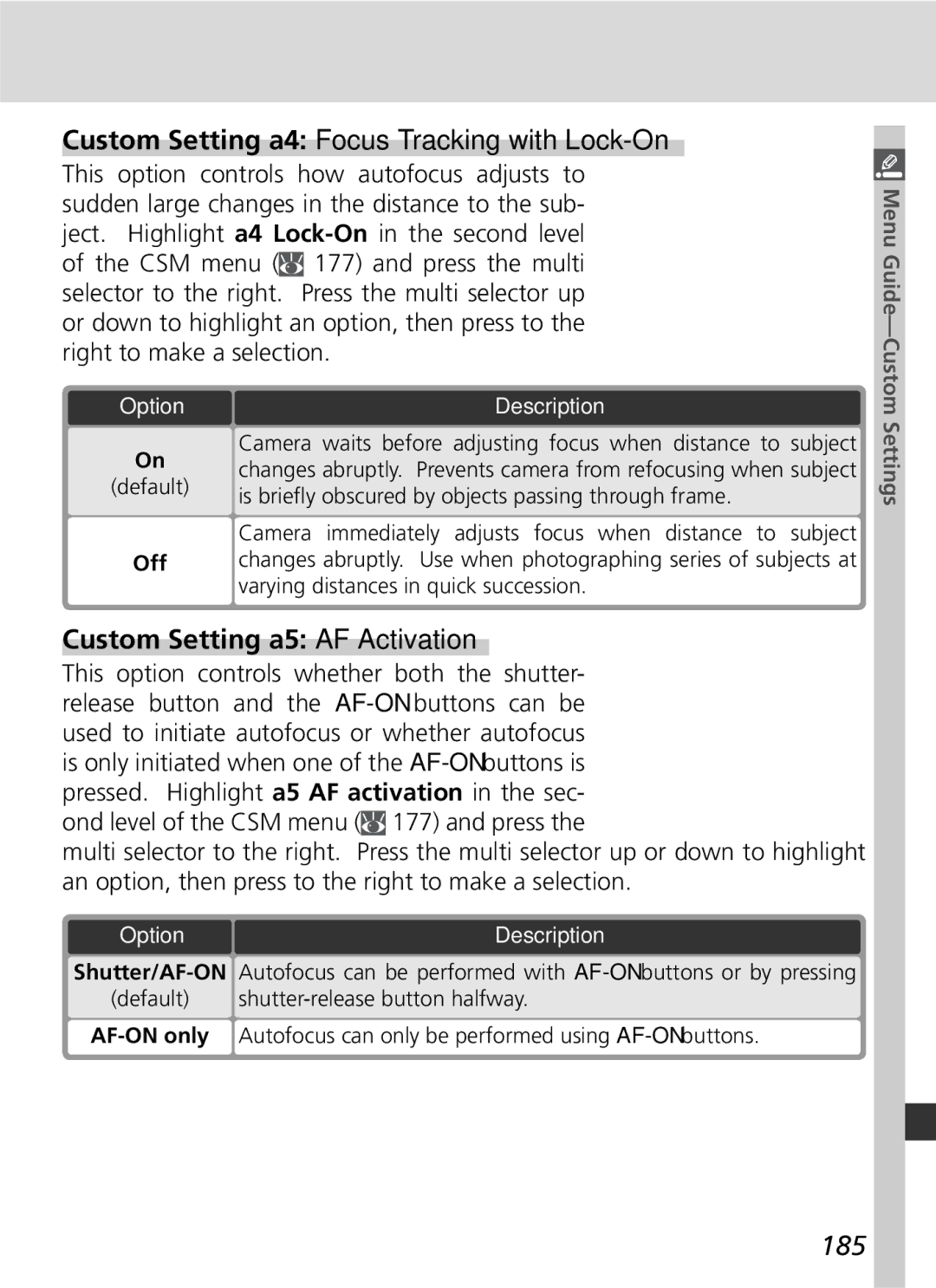 Nikon D2x manual Custom Setting a4 Focus Tracking with Lock-On, Custom Setting a5 AF Activation, 185 