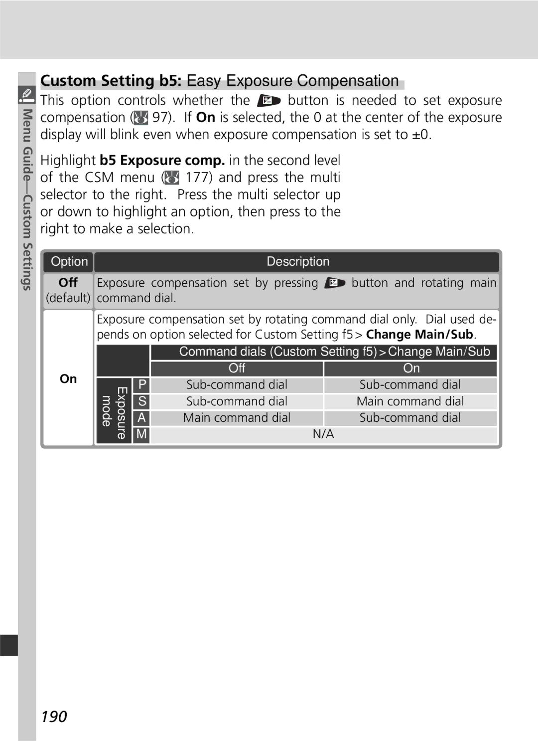 Nikon D2x manual Custom Setting b5 Easy Exposure Compensation, 190, Main command dial 