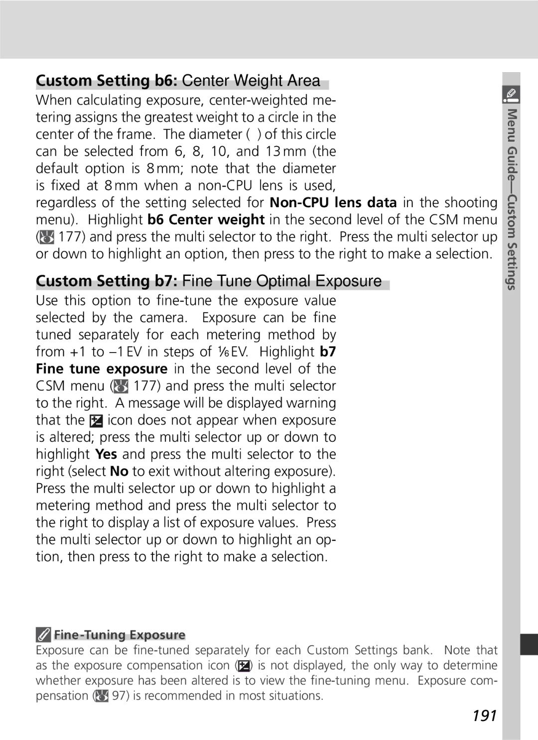 Nikon D2x Custom Setting b6 Center Weight Area, Custom Setting b7 Fine Tune Optimal Exposure, 191, Fine-Tuning Exposure 