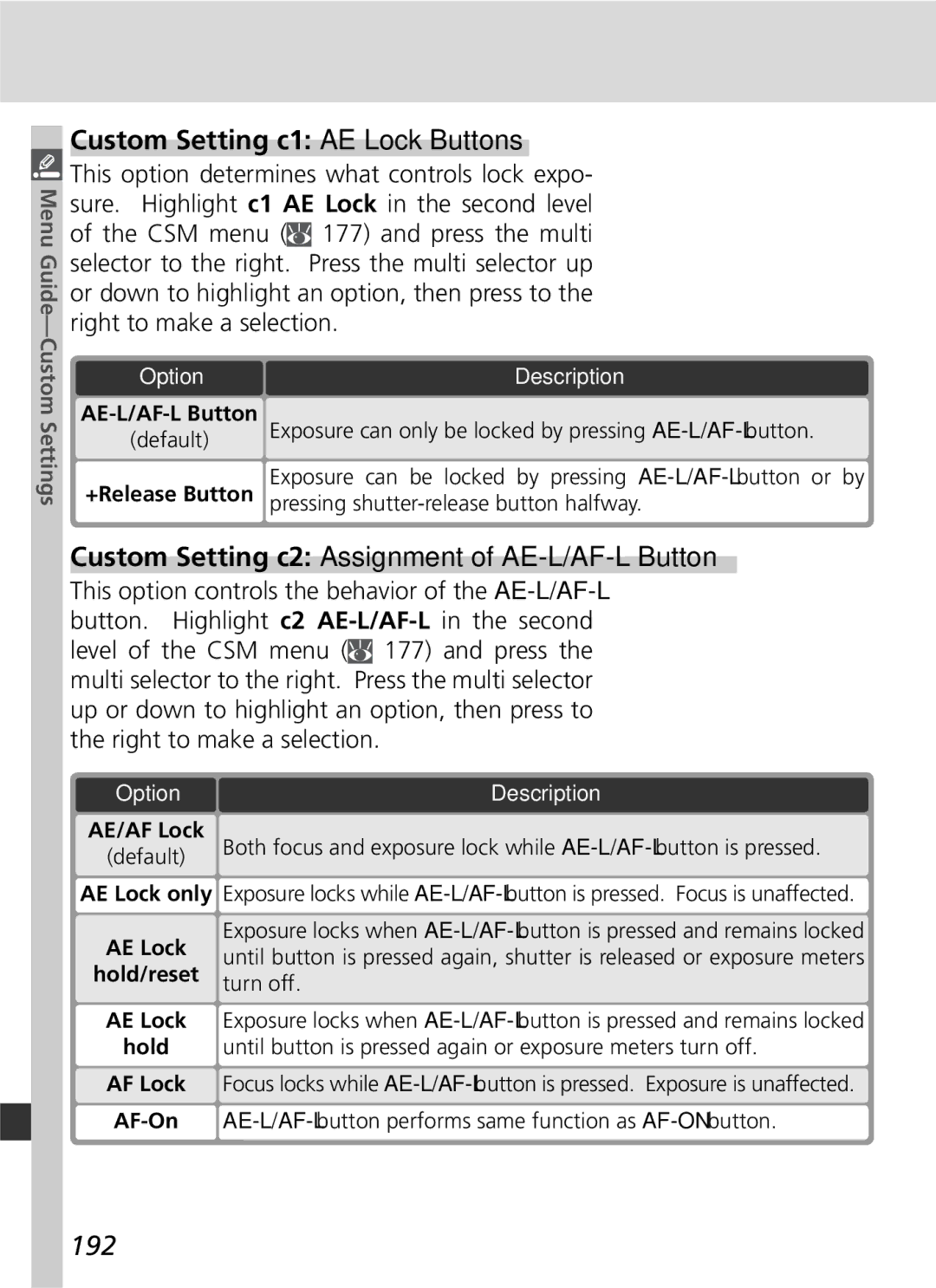 Nikon D2x manual Custom Setting c1 AE Lock Buttons, Custom Setting c2 Assignment of AE-L/AF-L Button, 192 