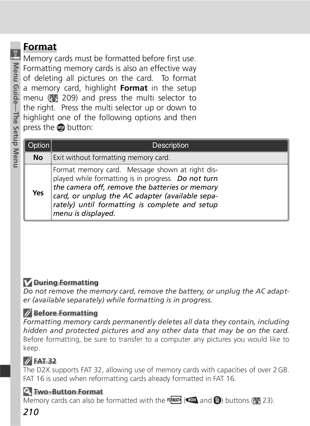 Nikon D2x manual Format, 210 