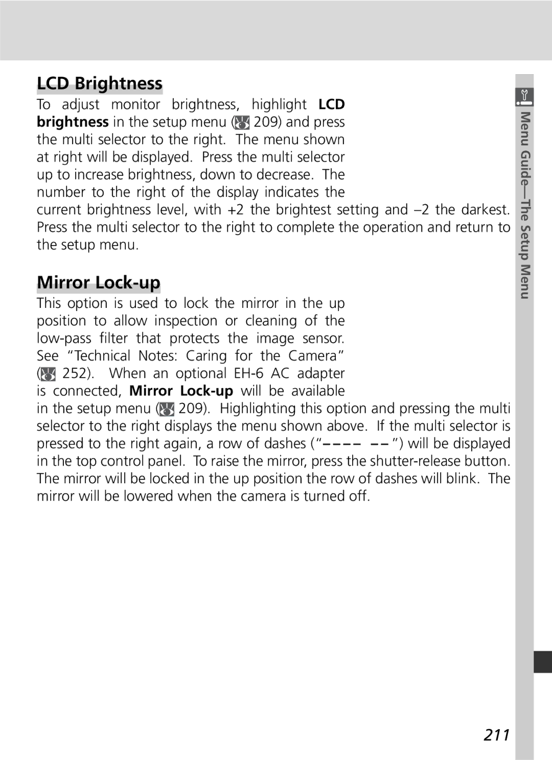 Nikon D2x manual LCD Brightness, Mirror Lock-up, 211 