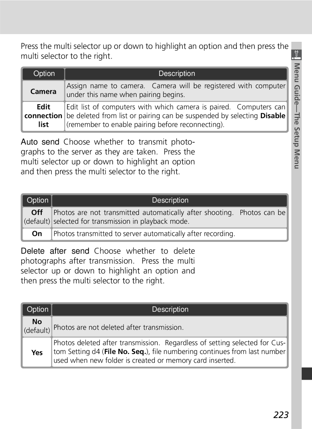 Nikon D2x manual 223, Under this name when pairing begins, Default Photos are not deleted after transmission 