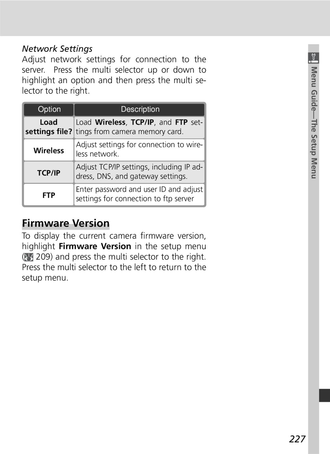 Nikon D2x manual Firmware Version, 227, Network Settings, Adjust settings for connection to wire- less network 