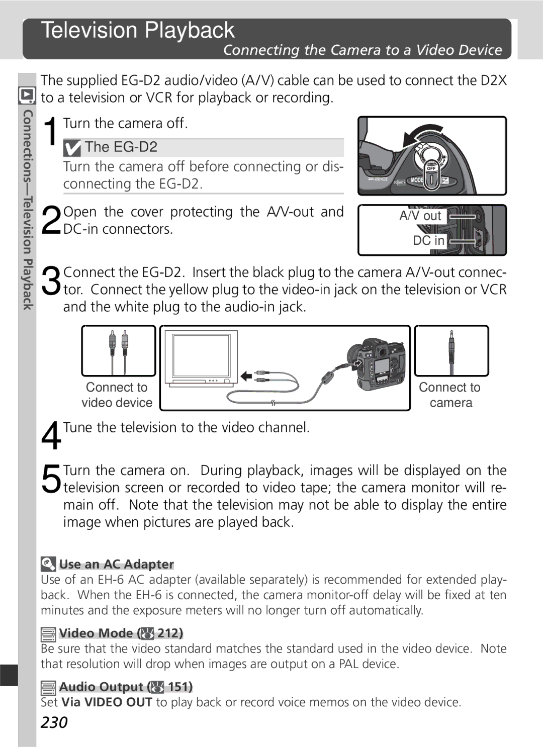 Nikon D2x manual 230, Open the cover protecting the A/V-out, DC-in connectors, Use an AC Adapter, Audio Output 