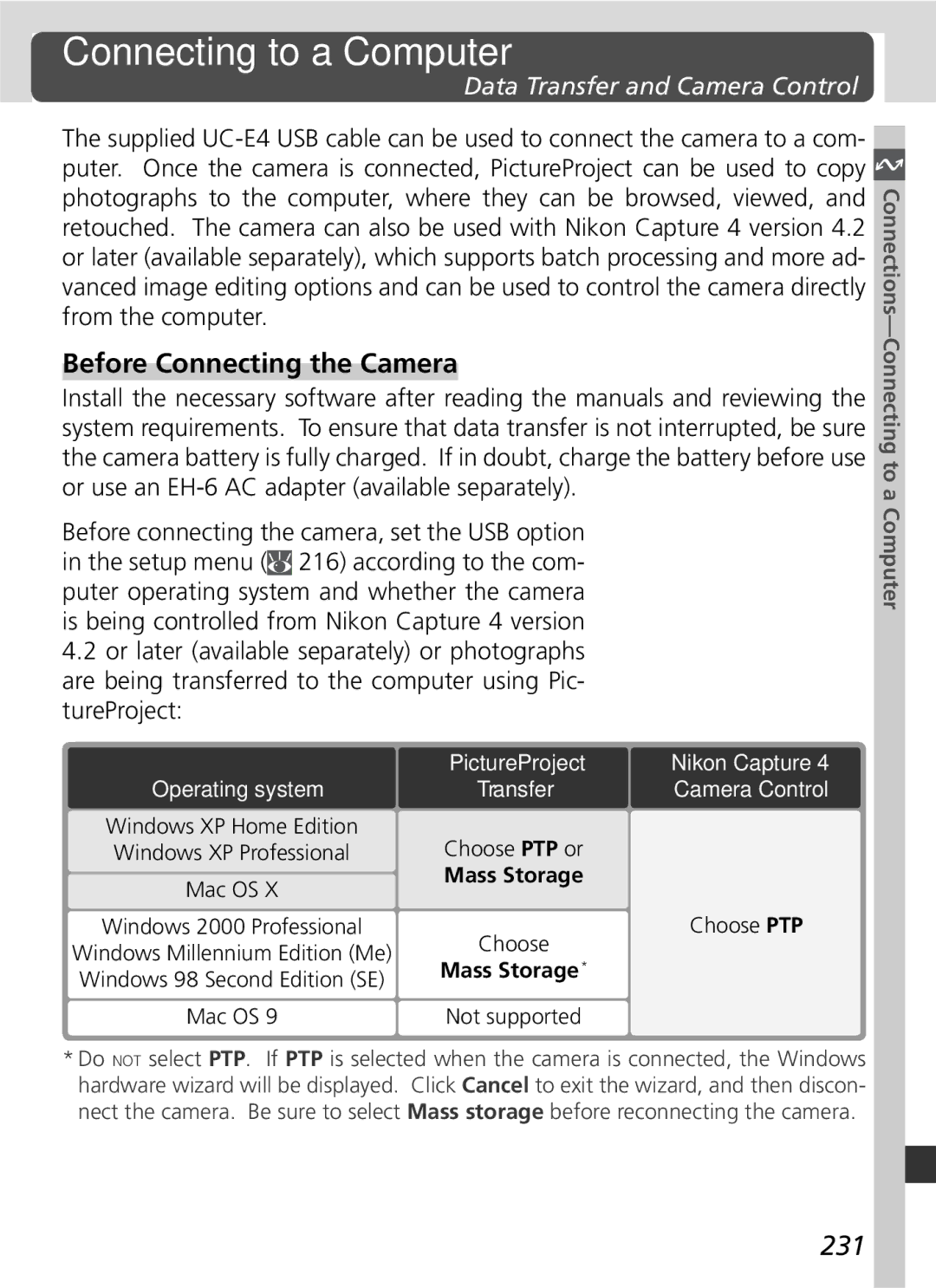 Nikon D2x manual Connecting to a Computer, Before Connecting the Camera, 231, Data Transfer and Camera Control 