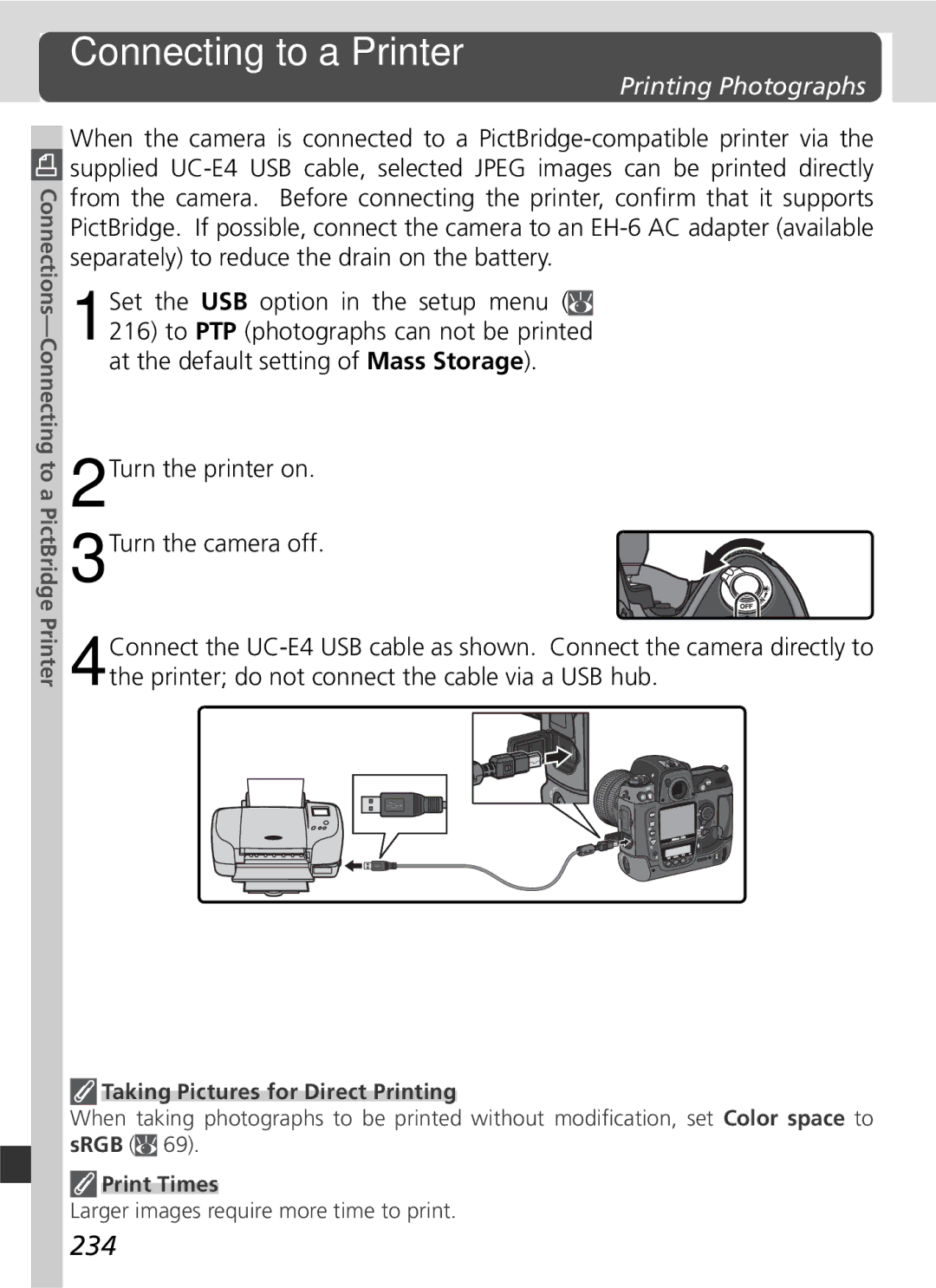 Nikon D2x manual Connecting to a Printer, 234, Printing Photographs, Print Times 