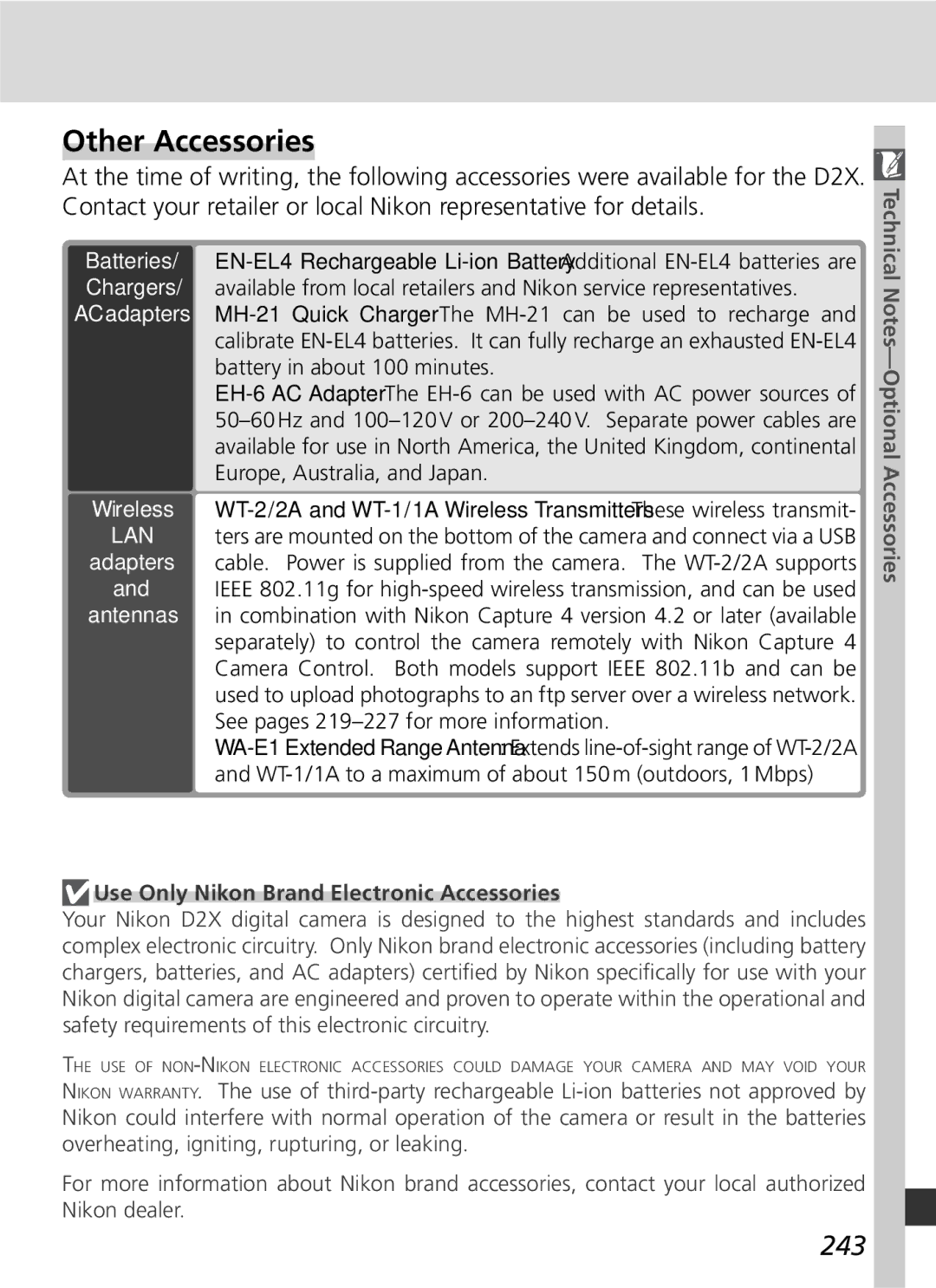 Nikon D2x manual Other Accessories, 243, Use Only Nikon Brand Electronic Accessories 