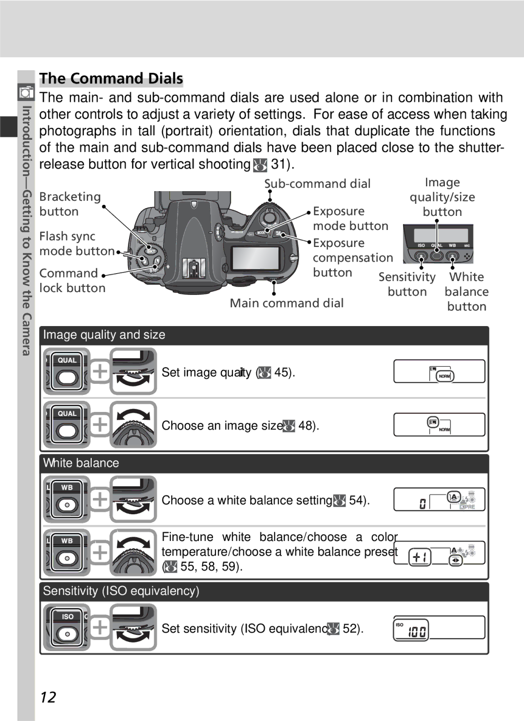 Nikon D2x manual Command Dials, Image quality and size, White balance, Sensitivity ISO equivalency 