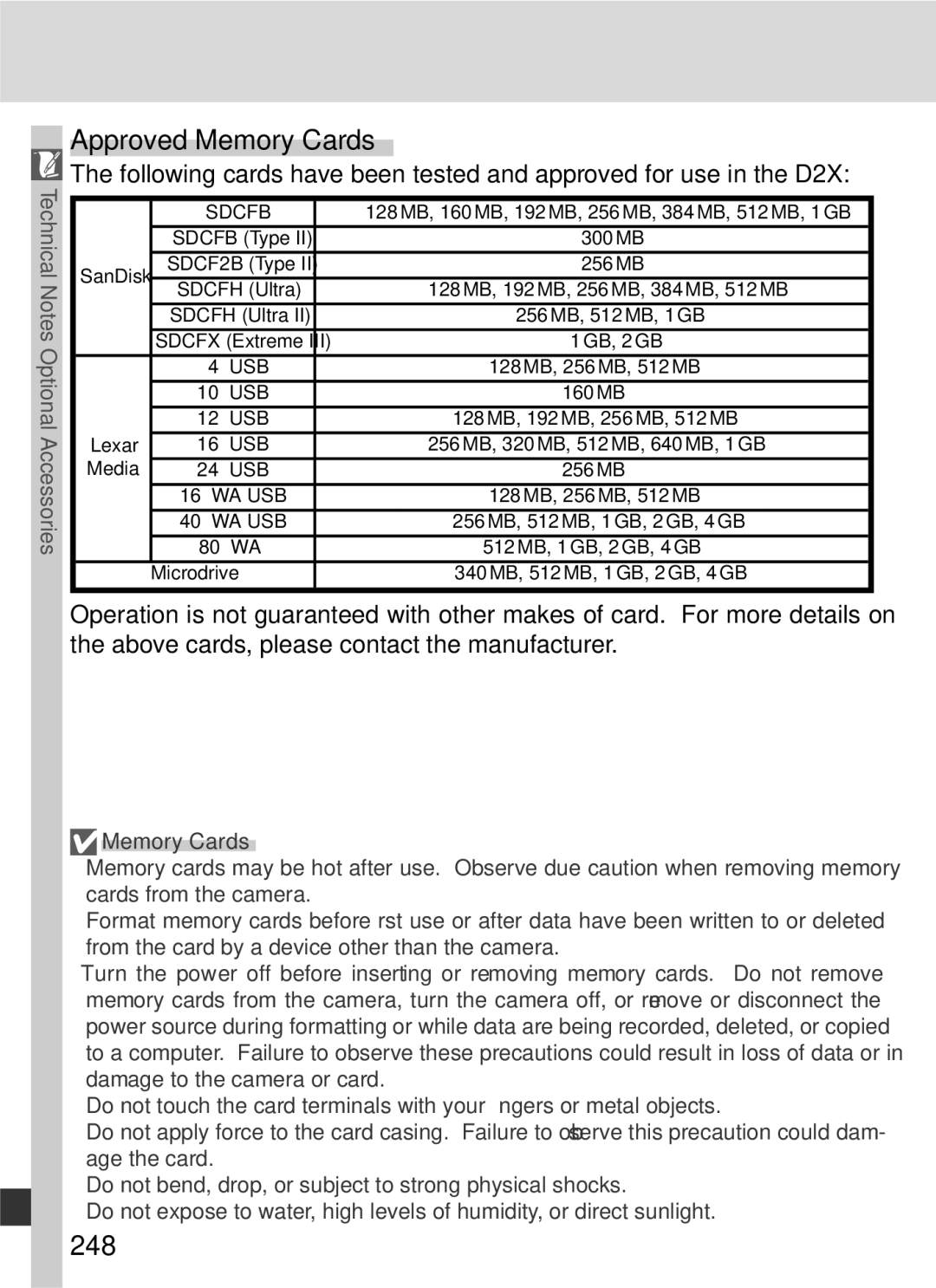 Nikon D2x manual Approved Memory Cards, 248 