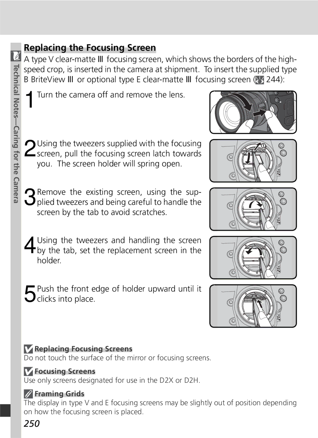 Nikon D2x manual Replacing the Focusing Screen, 250, Turn the camera off and remove the lens, Replacing Focusing Screens 