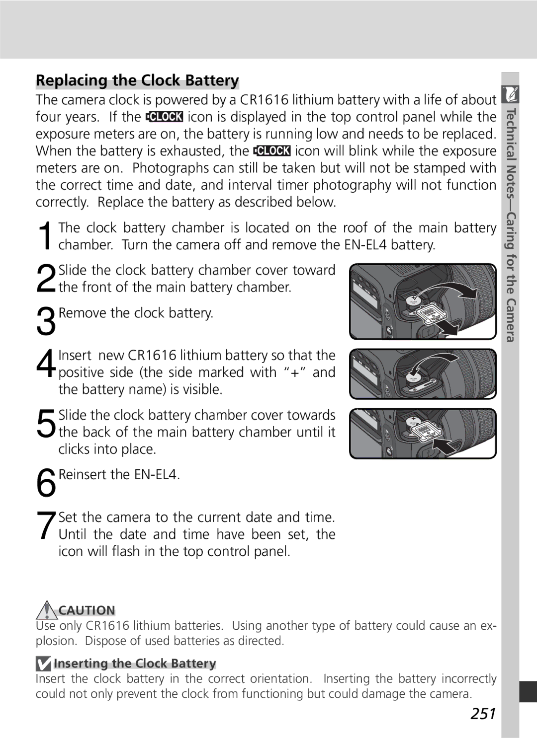 Nikon D2x manual Replacing the Clock Battery, 251, Inserting the Clock Battery 