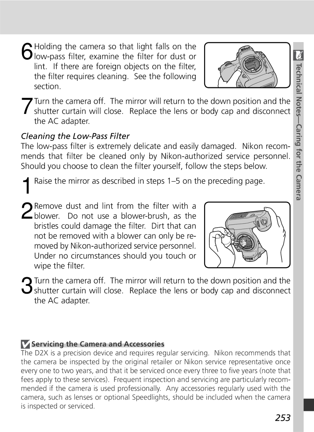 Nikon D2x manual 253, Cleaning the Low-Pass Filter, Servicing the Camera and Accessories 