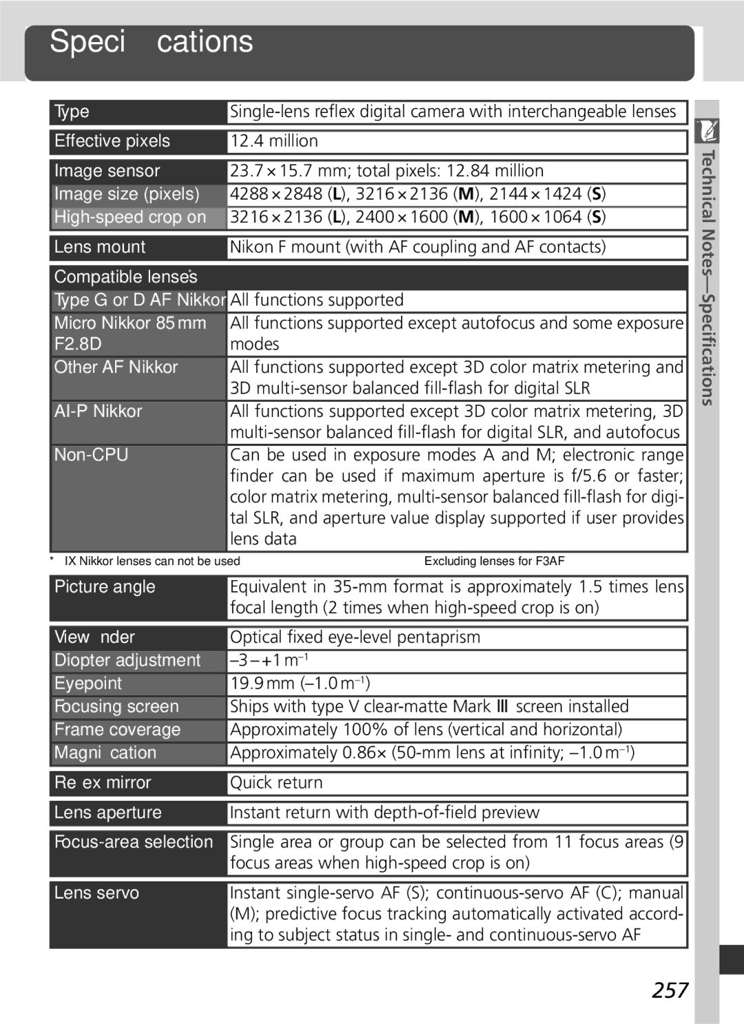 Nikon D2x manual Speciﬁcations, 257 