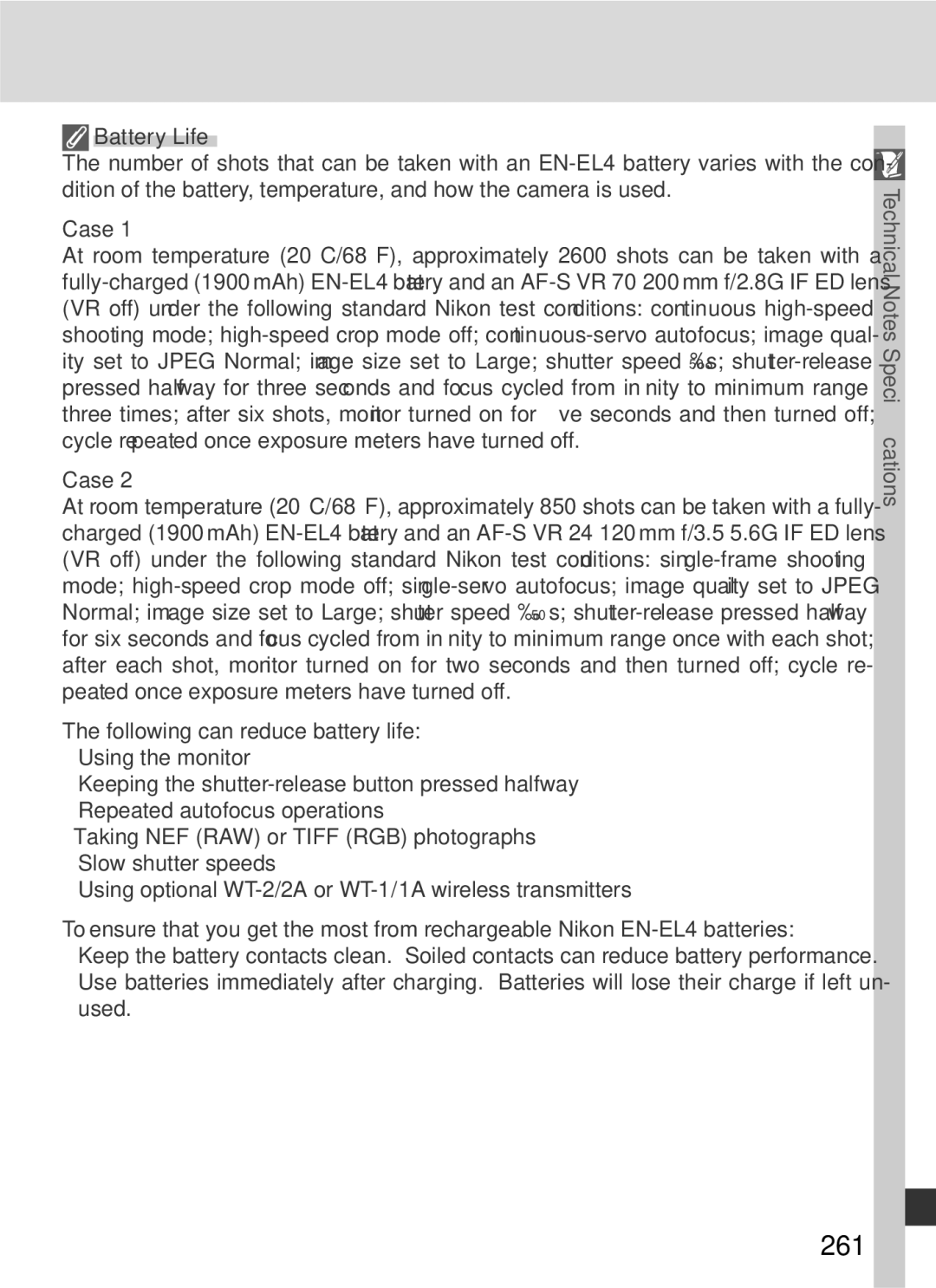 Nikon D2x manual 261, Battery Life 