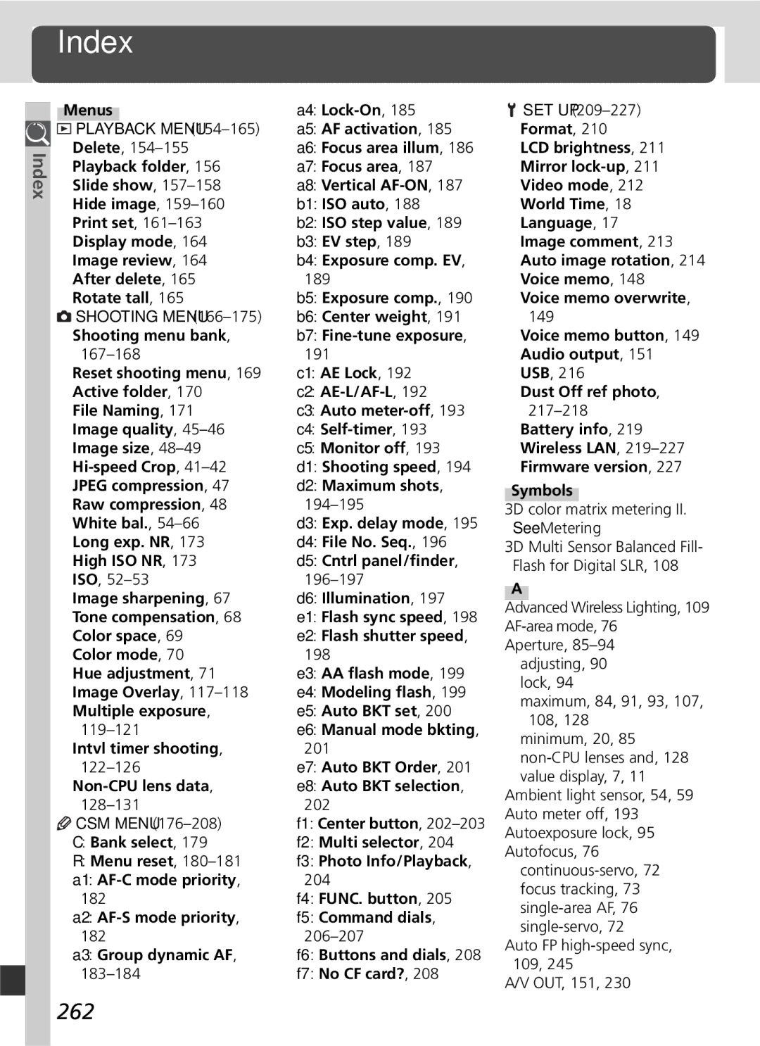 Nikon D2x manual Index, 262 