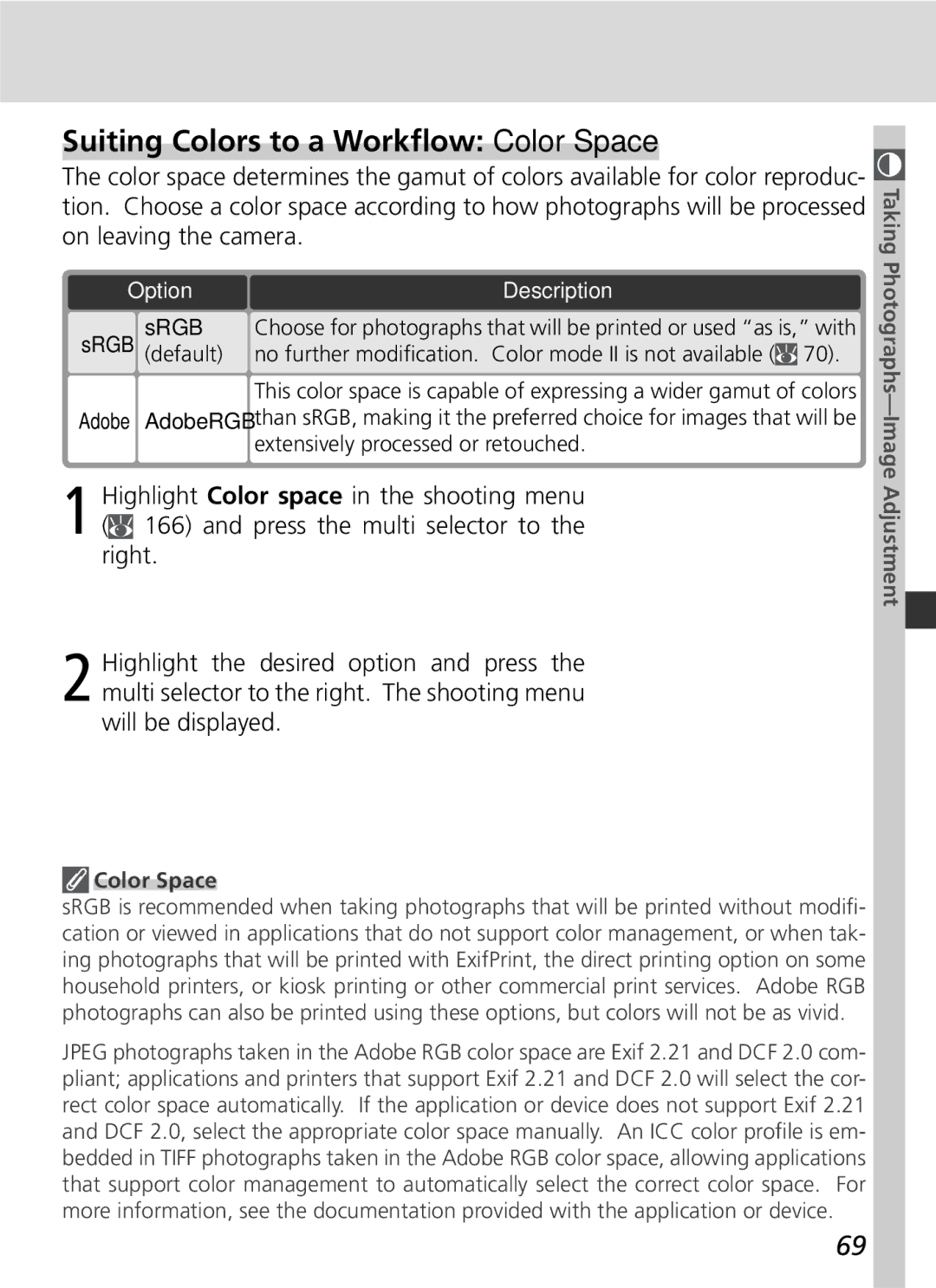 Nikon D2x manual Suiting Colors to a Workﬂow Color Space, Srgb, SRGB default 