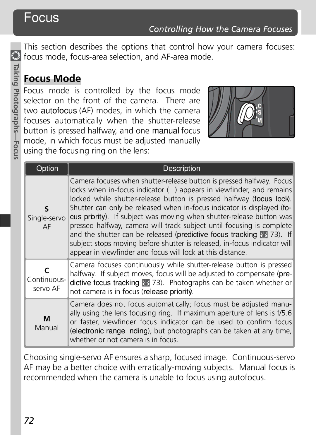 Nikon D2x manual Focus Mode, Controlling How the Camera Focuses, Servo AF, Whether or not camera is in focus 