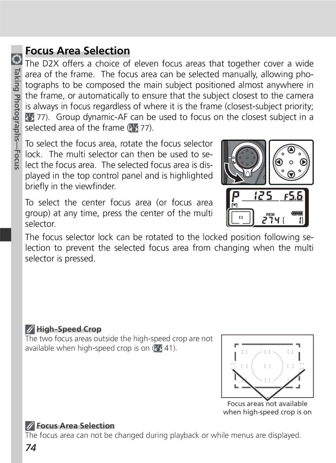 Nikon D2x manual Focus Area Selection, High-Speed Crop 