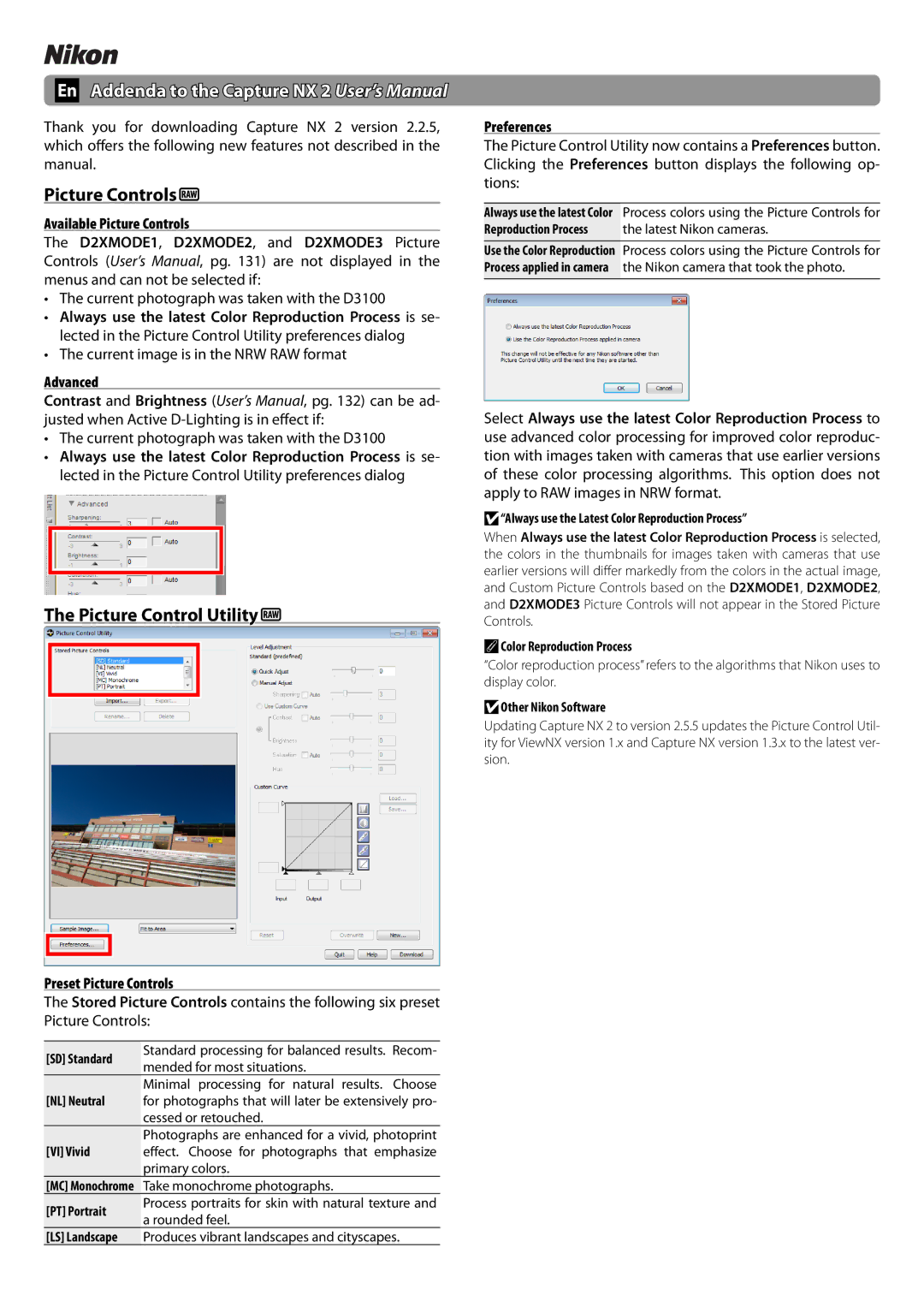 Nikon d2xmode1 user manual Picture Control Utility, Advanced, Preset Picture Controls, Preferences 