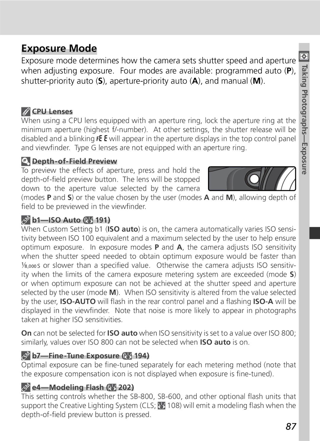 Nikon D2Xs manual Exposure Mode, CPU Lenses, Depth-of-Field Preview, B7-Fine-Tune Exposure, E4-Modeling Flash 