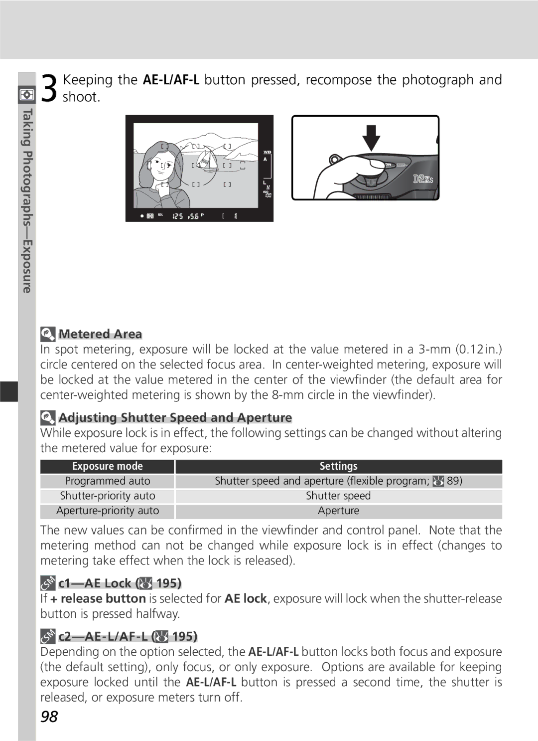 Nikon D2Xs manual Metered Area, Adjusting Shutter Speed and Aperture, C1-AE Lock 