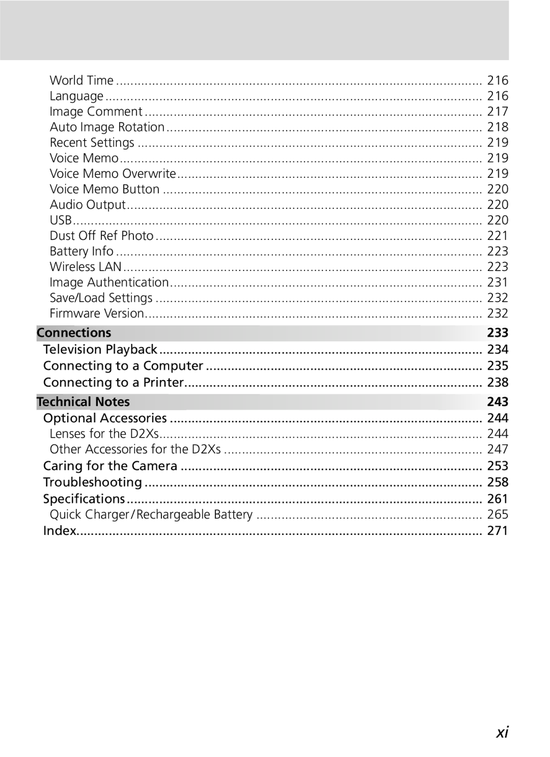 Nikon D2Xs manual Connections 233, Technical Notes 243 